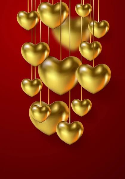 Ομορφη ευτυχισμένη ημέρα του Αγίου Βαλεντίνου πανό με 3d ρεαλιστική χρυσή καρδιά. Κείμενο χαιρετισμού για Φεστιβάλ σκηνικό. — Διανυσματικό Αρχείο