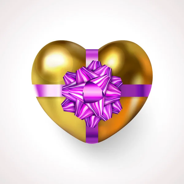 Elegante caja de regalo en forma de corazón dorado. Brillante San Valentín vacaciones, Boda, Amor, Womaen, Día de la Madre, Cumpleaños web símbolo digital aislado sobre fondo blanco — Vector de stock