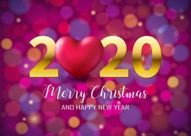 2020 mutlu yıllar, mutlu yıllar poster pembe kalpli Bokeh parlak zemin üzerinde. Noel'de, Xmas kış tatili