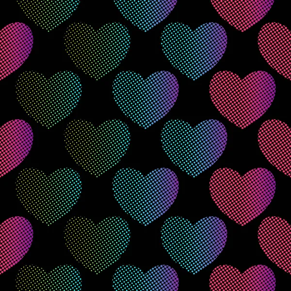 Halftone Hearts seamless pattern. Bright gradient Heart symbol on dark backdrop. Valentine Day frame. — Stock Vector