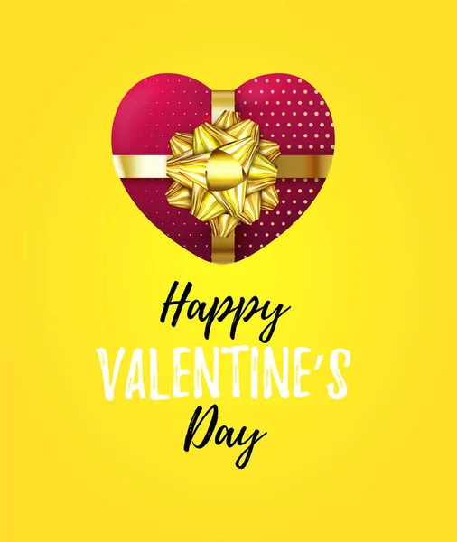 Leuke Happy Valentines Day banner met 3D-realistische doos van de Gift in de vorm van een hart. Halftone hart met Gold Bow geïsoleerd op gele achtergrond. — Stockvector