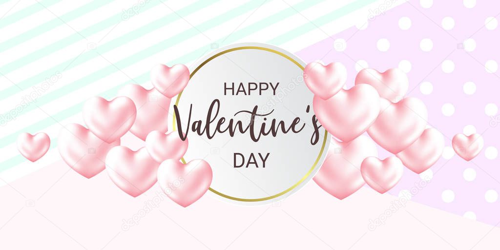 Cute Happy Valentines Day calligraphy card with Hearts. Modern patterned background. Horizontal holidays poster, add, header, website.