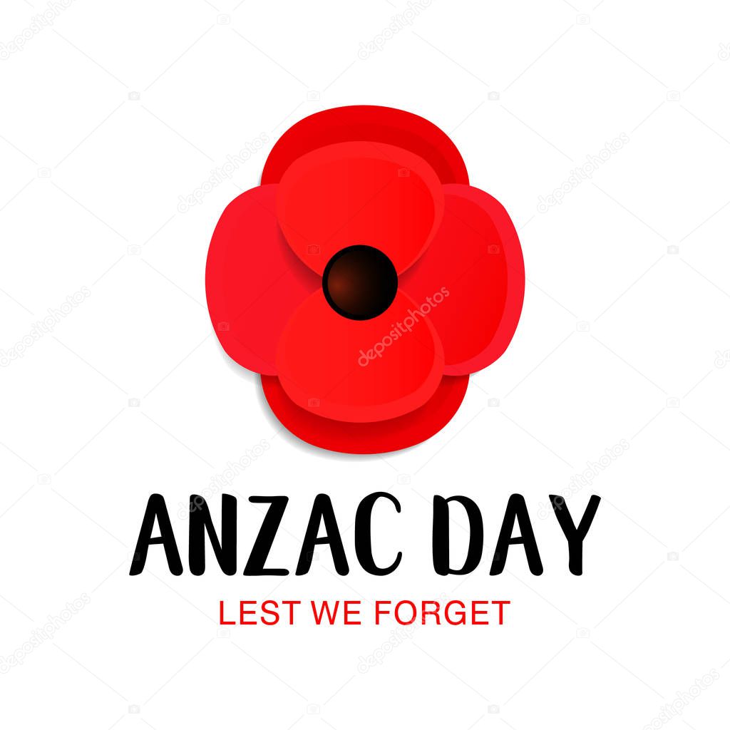 Anzac Day Memorial card. Paper cut Red Poppy flower Remembrance Day symbol of peace. Lest we forget. Vector Illustration EPS 10 file.