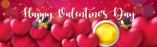 Elegante cartel del Día de San Valentín feliz con el corazón brillante 3d Color rojo y fondo de confeti de oro. Crema de oro vista superior — Vector de stock