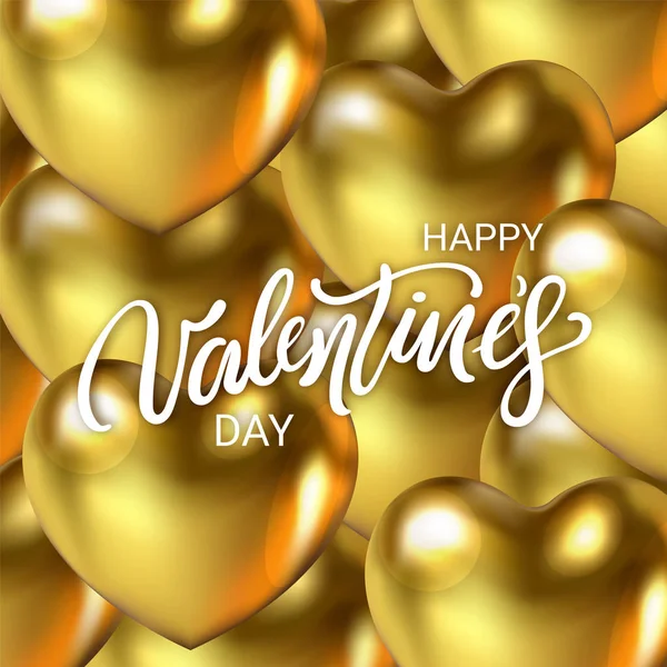 Tarjeta de lujo feliz día de San Valentín con 3d realista corazón de oro. Texto de saludo sobre telón de fondo del festival . — Archivo Imágenes Vectoriales