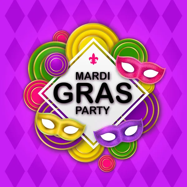 Mardi Gras Party banner with a Lettering, carnival mask, floral elements, beads and Mardigras pattern. Circus amusement poster. Funfair flyer.