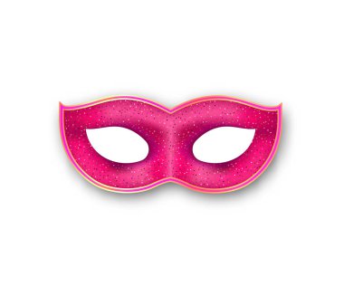 Mardi Gras altın ışıltılı etkisi ile pembe renk maske. Otantik Venedik Karnavalı yüz maskesi boyalı. Maskeli balo gerçekçi parti dekorasyon beyaz arka plan üzerinde.
