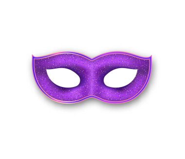 Mardi Gras altın ışıltılı etkisi ile mor renk maske. Otantik Venedik Karnavalı yüz maskesi boyalı. Maskeli balo gerçekçi parti dekorasyon beyaz arka plan üzerinde.