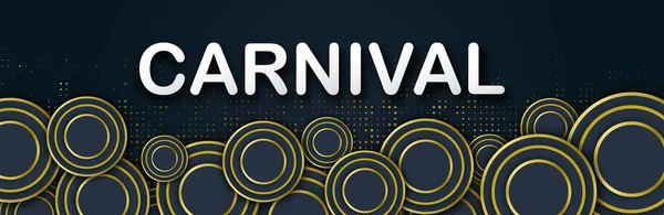 Carnival Night Party horizontal banner with a Lettering. Golden festive decorative round elements on black backdrop. Amusement poster. Funfair flyer, web card. — Stock Vector