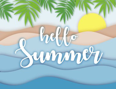 Merhaba kağıt aplike origami sanat yazı yaz. Yaz rahat Deniz Manzaralı. Sabah güneş doğuyor. 3D katmanlı kağıt Cuted egzotik zanaat afiş. Sunuda, düzeni ekleme.