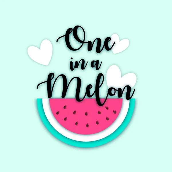 Una en una tarjeta de felicitación de verano Melon, impresión para camiseta, mensaje web. Papel cortado fondo tipográfico con frutas tropicales de dibujos animados Sandía y corazones . — Archivo Imágenes Vectoriales