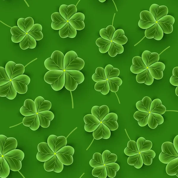 圣帕特里克日模式的现实三叶草叶。绿色沙姆洛克草壁纸。爱尔兰啤酒节的欢乐之花。苏格兰装饰品 — 图库矢量图片