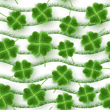 St Patricks Günü seamless modeli gerçekçi yonca bırakır. Tatil tasarım için Yeşil yonca çim duvar kağıdı. İrlandalı Bira Festivali için şanslı çiçek dokusu. İskoç süsleme. Vektör çizim