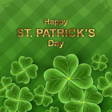 Yonca yaprağı San Patricks Günü kartı. Shamrock çim duvar kağıdı. Yatay tatil afişi. Şanslı İrlandalı çiçek doku çizgili. İskoç süsleme.