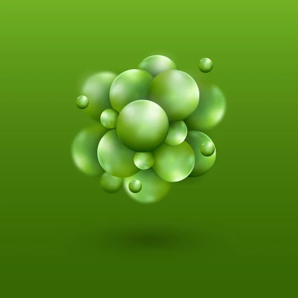 Banner científico con moléculas verdes en 3D. Diseño de esfera de fondo médico. Átomos. Estructura molecular. idea concepto globos — Vector de stock
