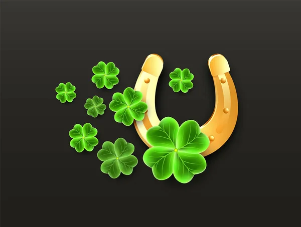 3D ikony Zlatá podkova a jetel listu San Patricks den dovolené. Podkovy, šťastnými symboly Shamrock Irish festival, skotský ornament. Znamení štěstí. — Stockový vektor