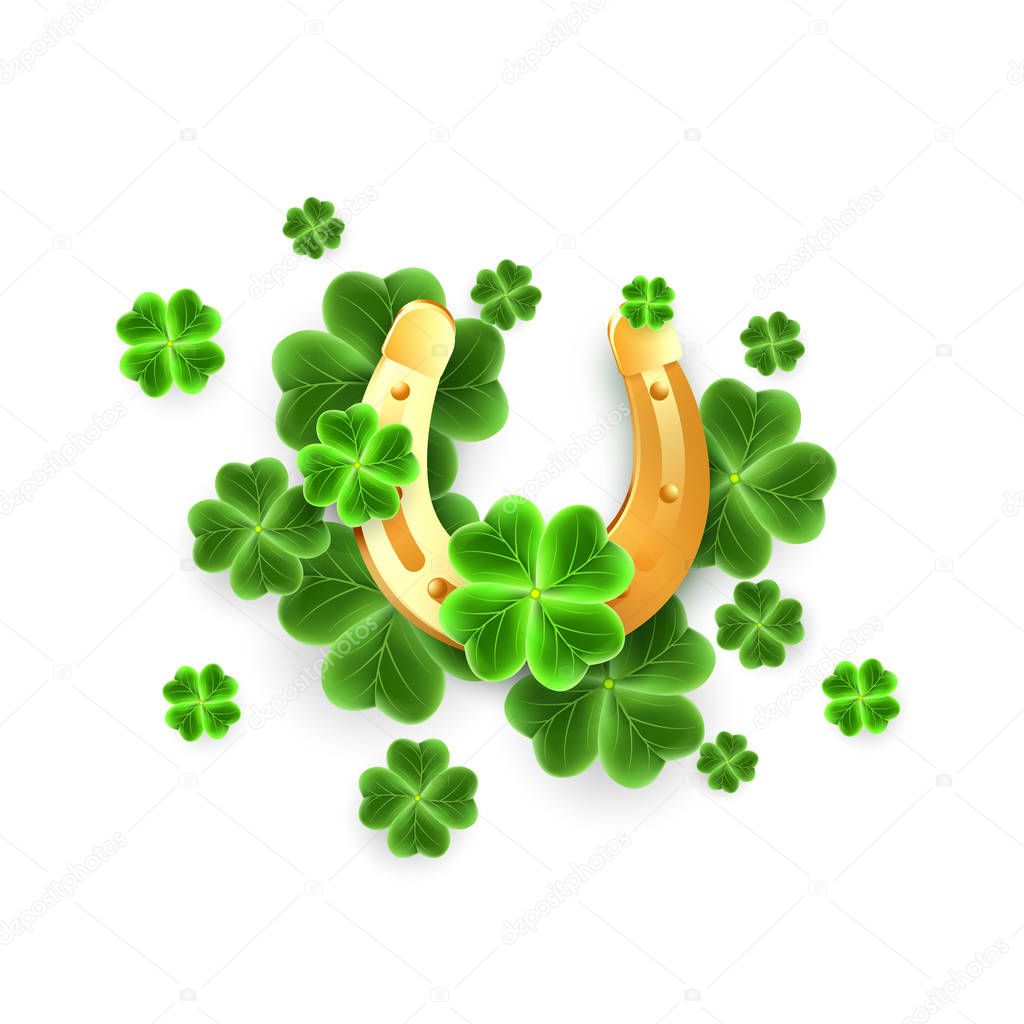 3d Gold Horseshoe and Clover Leaf icons to San Patricks Day holiday. Horse Shoe, Shamrock lucky symbols for Irish festival, Scottish ornament. Good luck sign.