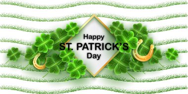 San Patricks Günü kartı 3d yonca yaprakları ve altın at nalı. Yatay tatil afişi. Şanslı İrlandalı desen doku. İskoç süsleme.