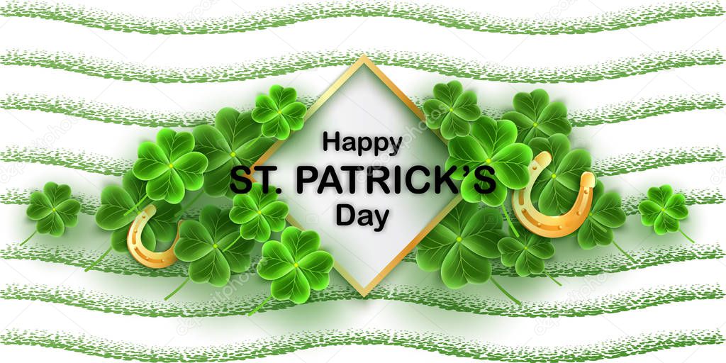 San Patricks Day card with 3d Clover leaves and Gold Horseshoe. Horizontal holidays poster. Lucky Irish pattern texture. Scottish ornament.