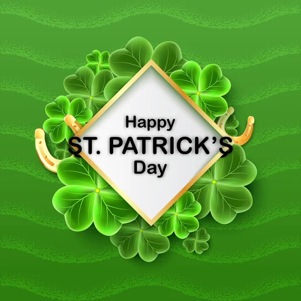 San Patricks Day card with 3d Clover leaves and Gold Horseshoe. Horizontal holidays poster. Lucky Irish pattern texture. Scottish ornament. — Stock Vector