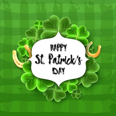 San Patricks Günü kartı 3d yonca yaprakları ve altın at nalı. Yatay tatil afişi. Şanslı İrlandalı desen doku. İskoç süsleme.