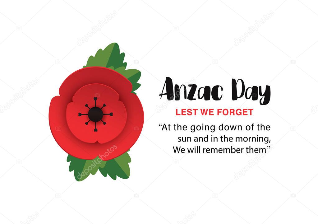 Anzac Day Poppy invitation card. Lest We Forget quote. 25th April date