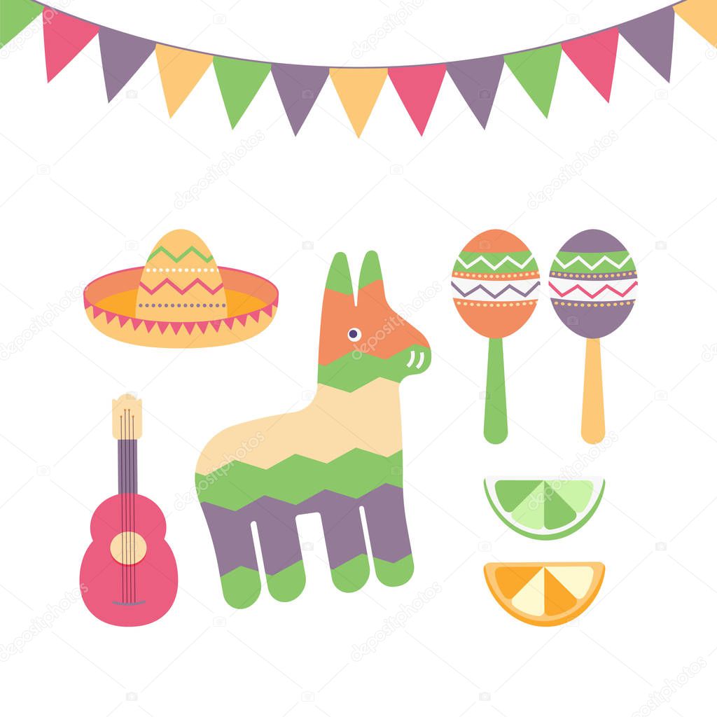 Cinco de Mayo festival in Mexico icon set. Set of traditional ethnic symbols for Mexican parade with maracas, pinata, fruits, sombrero and guitar.