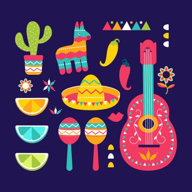 Meksika Icon set Cinco de Mayo Festivali. Marakas, piñata, meyve, fötr şapka, gitar, kaktüs çiçek ile Meksika geçit töreni için geleneksel etnik simgeler kümesi