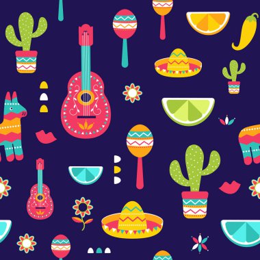 Cinco de Mayo Seamless Modeli Meksika, festival için düz. T-shirt baskı marakas, piñata, meyve, fötr şapka, kaktüs, gitar Meksika geçit töreni için renkli semboller