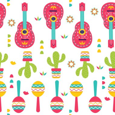 Cinco de Mayo Festivali Meksika, düz stil için Seamless modeli. Geleneksel Meksika etnik sembolleri marakas, kaktüs bitkileri ve üzerinde beyaz izole gitar ile T-shirt baskı.