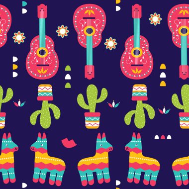 Cinco de Mayo Festivali Meksika, düz stil için Seamless modeli. T-shirt baskı pinata'yı, kaktüs bitkileri ve menekşe gitar ile geleneksel Meksika etnik sembollerin.