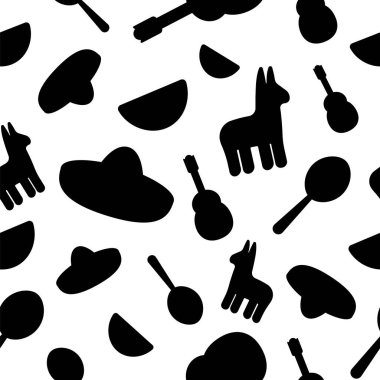 Cinco de Mayo Festivali Meksika, düz stil için Seamless modeli. T-shirt baskı marakas, piñata, meyve, fötr şapka ve gitar ile Meksika geçit töreni için renkli semboller