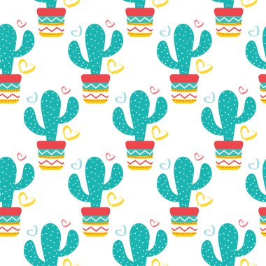Kaktüsler succulents düz stil güzel pot ile Seamless modeli. Düzenlenebilir öğeler, bezler, tekstil, şirin baskı, ev bahçe için simgeler peyzaj tasarımı. Cinco de Mayo Meksika.