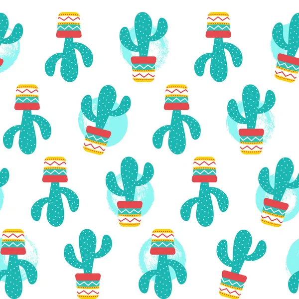 Seamless mönster av kaktusar suckulenter med fin pott i platt stil. Redigerbara element, ikoner för dukar, textil, söt ut, hem trädgård, landskap design. Cinco de Mayo mexikansk. — Stock vektor