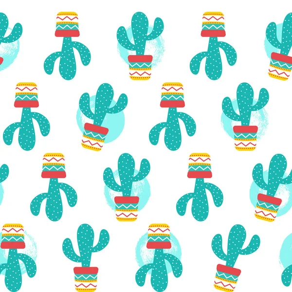 Seamless pattern of Cactuses succulents with nice pot in flat style. Editable elements, icons for cloths, textile, cute print, home garden, landscape design. Cinco de Mayo Mexican.