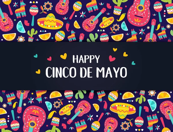 Cinco de Mayo Mexican festive banner. Horizontal card of Mexican culture symbols collection: maracas, pinata, jalapeno, fruit, sombrero, cactus, guitar. Cinco de Mayo web header. — Stock Vector