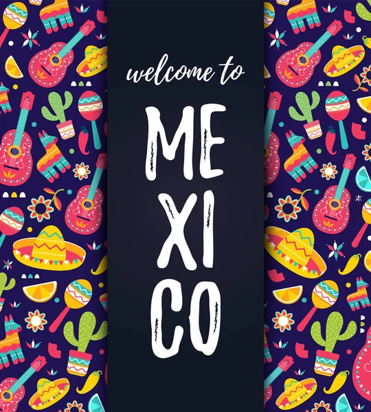 Bienvenidos a la tarjeta de México. Cinco de Mayo Mexican Pattern, impronta de la moda. Camiseta estampada de símbolos étnicos con maracas, piñata, frutas, sombrero, cactus, guitarra . — Vector de stock
