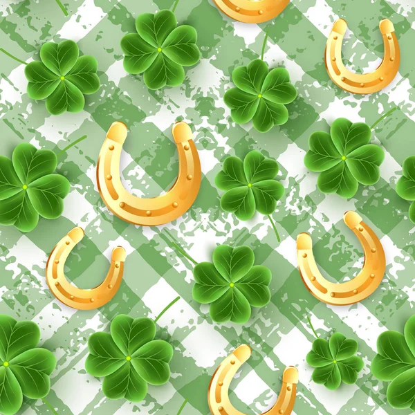 San Patricks Day mönster av realistiska klöver blad. Gröna Shamrock gräs tapet. Joy blomma för irländsk öl festival. Skotska prydnad — Stock vektor