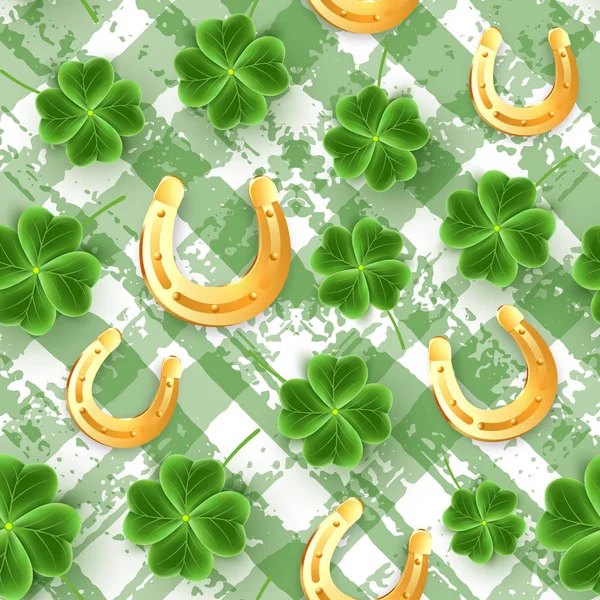 San Patricks Day pattern of realistic Clover leaves. Green Shamrock grass wallpaper. Joy flower for Irish beer festival. Scottish ornament — Stock Vector