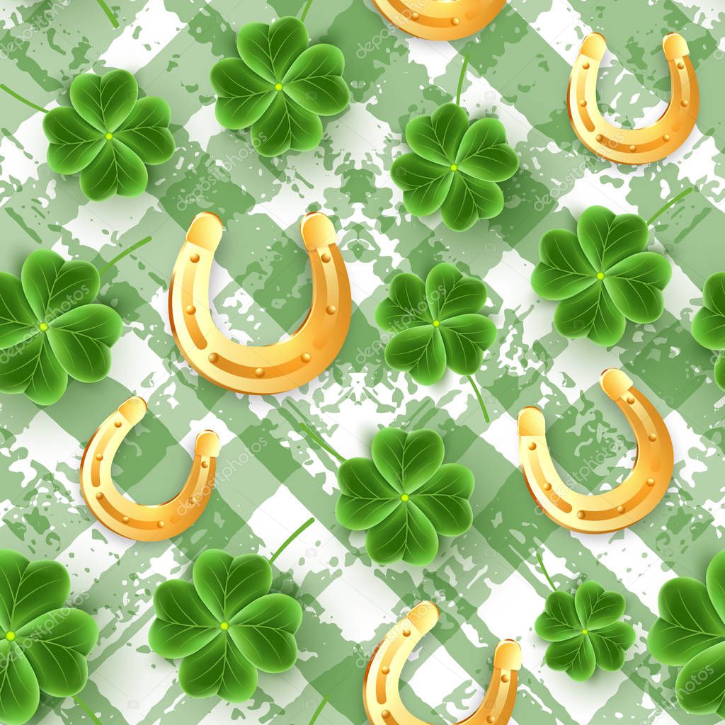 San Patricks Day pattern of realistic Clover leaves. Green Shamrock grass wallpaper. Joy flower for Irish beer festival. Scottish ornament