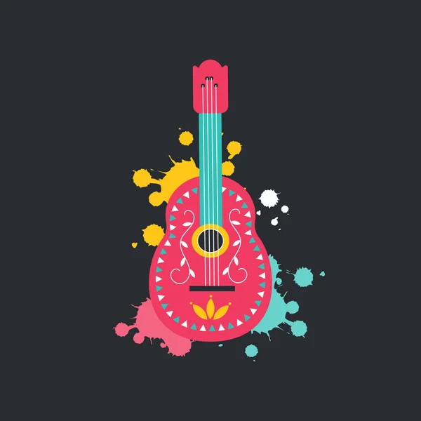 Mexikanische Gitarrenikone flacher Stil isoliert auf dunklem Hintergrund. Musikinstrument der spanischen Kultur mit handgezeichneter Pinselstruktur. Aztekenfarbenes Ornament. — Stockvektor