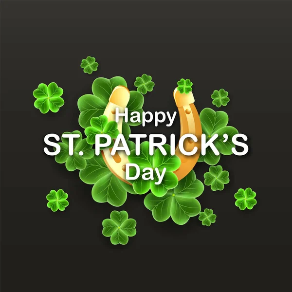 San Patricks Day card with 3d Clover leaves and Gold Horseshoe. Horizontal holidays poster. Lucky Irish pattern texture. Scottish ornament. — Stock Vector