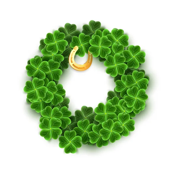 A round filled with Realistic Clover leaves, Gold Horseshoe for St. Patricks Day holiday. Shamrock grass symbol. Lucky flower for Irish festival. Scottish decor isolated on white. — Stock Vector