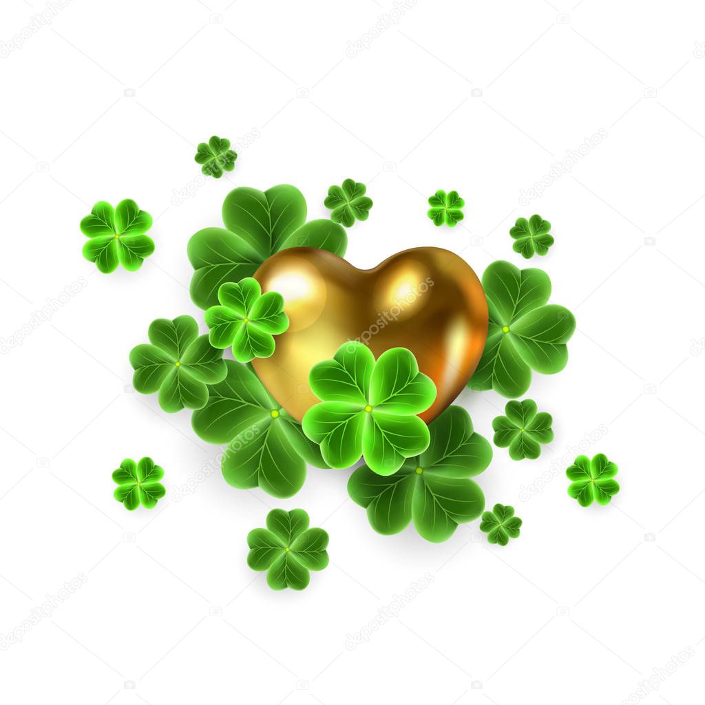 Realistic Clover Leaf and Gold 3d Heart symbols to St. Patricks Day holiday. Glossy Shamrock grass lucky icons for Irish festival, Scottish ornament. Good luck sign.