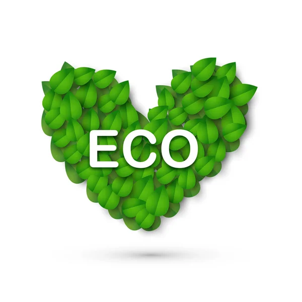 에코 로고 아이디어입니다. 3d 녹색 잎과 심장입니다. 천연 제품 로고입니다. Veggy, 건강 한 바이오 라이프 스타일, 재활용 기호 흰색 배경에 고립. — 스톡 벡터