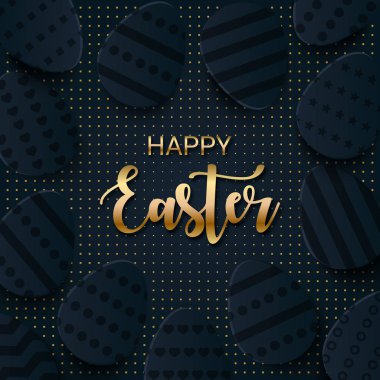 Mutlu Paskalya tebrik afiş ile bir altın harflerle. Kağıdı katmanlı yumurta Hunt kesin. Moda, alışveriş satış afiş, fiş, tatil simgesi eklemek, e-posta mektup.