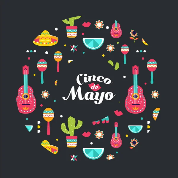 Tarjeta mexicana Cinco de Mayo en círculo. Póster de símbolos de la cultura mexicana: maracas, frutas, sombrero, cactus, guitarra. Colorido estampado Cinco de Mayo, camiseta . — Vector de stock