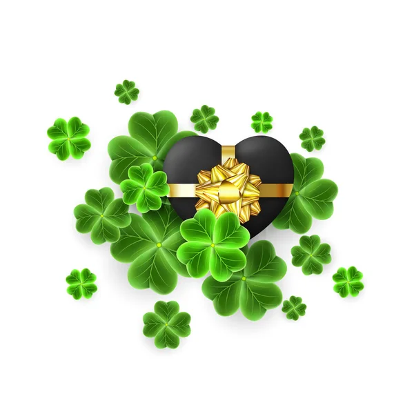 现实的三叶草叶和黄金3d 心脏符号圣帕特里克日假期。有光泽的沙姆洛克草幸运的图标为爱尔兰节日, 苏格兰装饰品。好运的标志. — 图库矢量图片