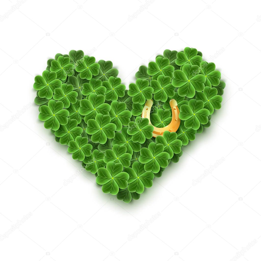 A Heart filled with Realistic Clover leaves, Gold Horseshoe for St. Patricks Day holiday. Shamrock grass symbol. Lucky flower for Irish festival. Scottish decor isolated on white.