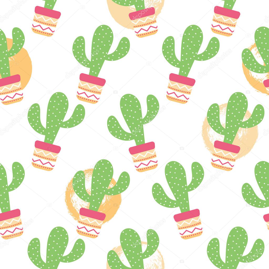 Seamless pattern of Cactuses succulents with nice pot in flat style. Editable elements, icons for cloths, textile, cute print, home garden, landscape design. Cinco de Mayo Mexican.